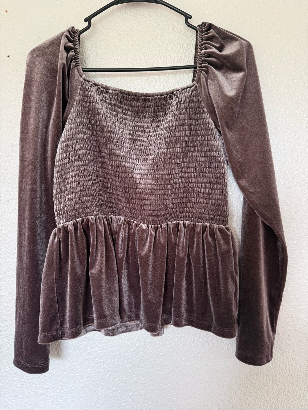 GAP Taupe Velvet Smocked Peplum Long-Sleeve Top